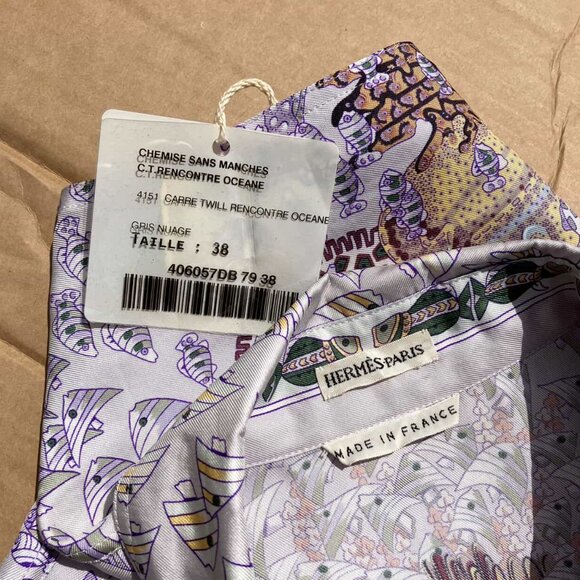 HERMES Paris Seeveless Silk Shirt Top Ocean Print Recontre Oceane Size 38 S NWT - Picture 12 of 16